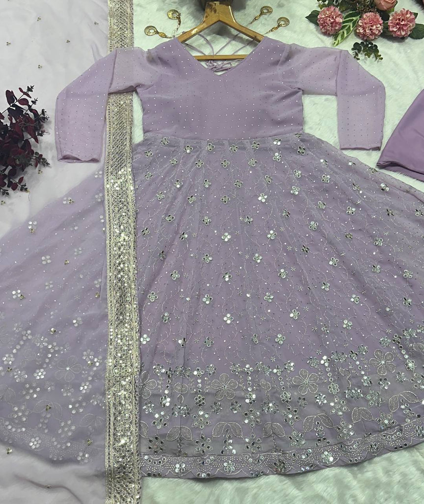Lavender Designer Luxury Faux Blooming Anarkali Set with Heavy Sequin & Zari Embroidery – Pants & Dupatta Included ClothsVilla
