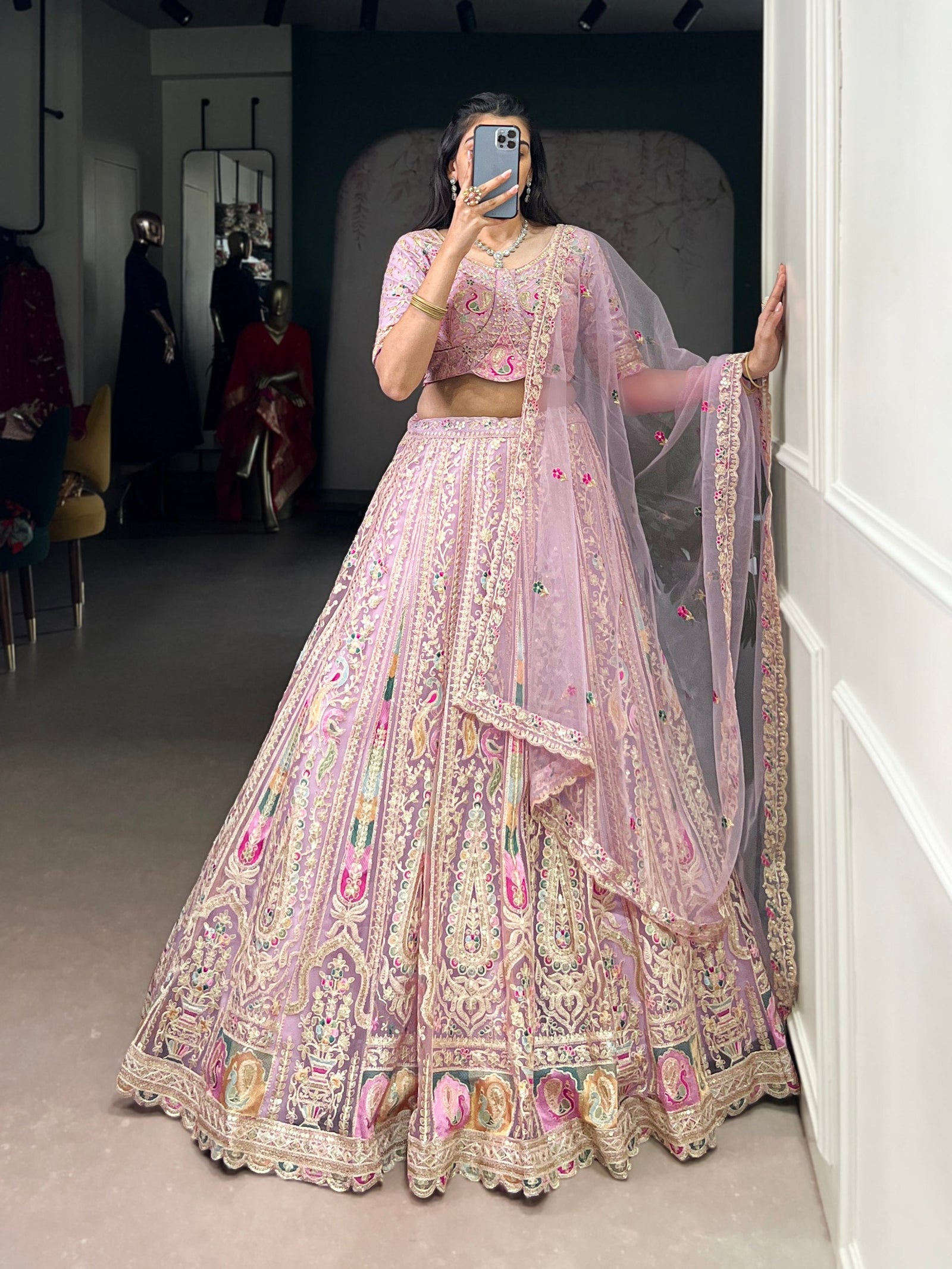 Lavender Designer Net Lehenga with Sequins & Thread Embroidery Work, Stitched Lehenga with Unstitched Blouse & Dupatta ClothsVilla