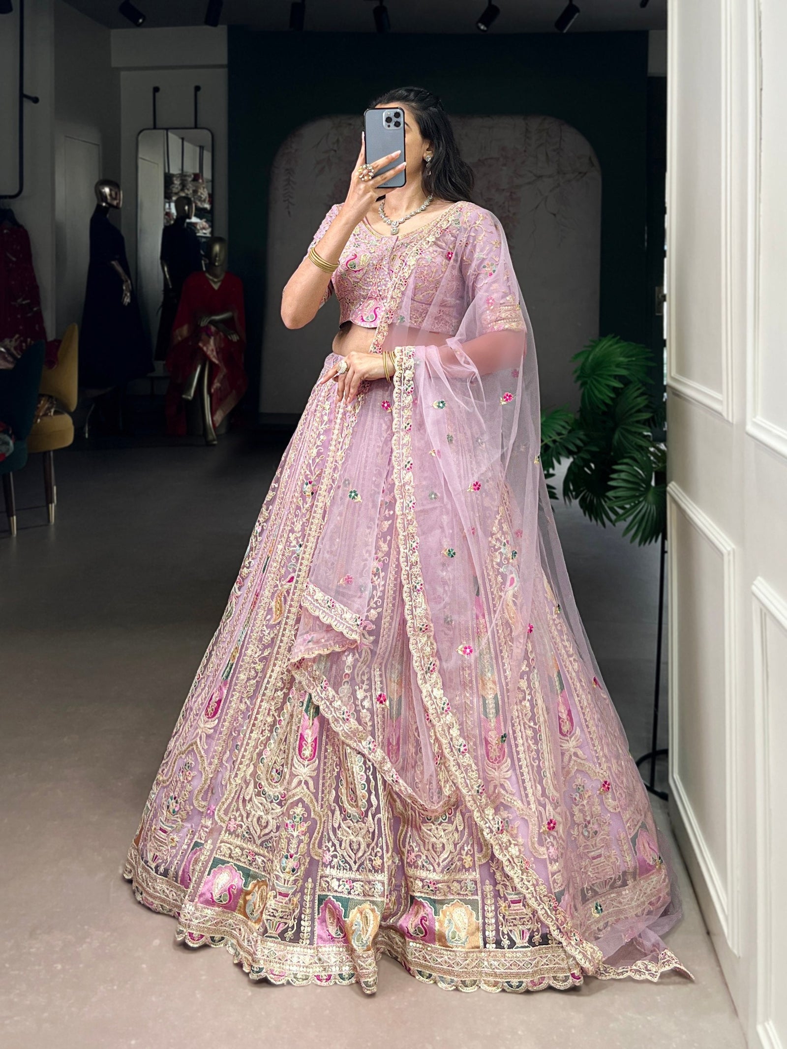 Lavender Designer Net Lehenga with Sequins & Thread Embroidery Work, Stitched Lehenga with Unstitched Blouse & Dupatta ClothsVilla