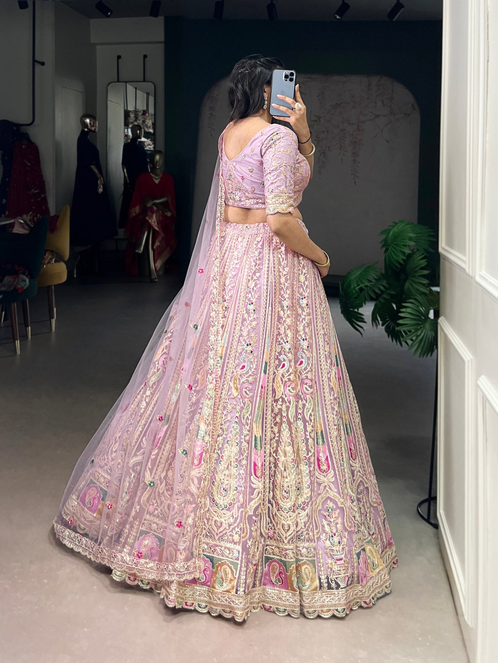 Lavender Designer Net Lehenga with Sequins & Thread Embroidery Work, Stitched Lehenga with Unstitched Blouse & Dupatta ClothsVilla
