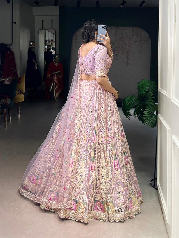 Lavender Designer Net Lehenga with Sequins & Thread Embroidery Work, Stitched Lehenga with Unstitched Blouse & Dupatta ClothsVilla
