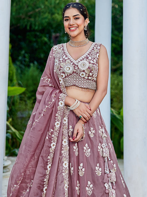 Lavender Designer Organza Sequin & Embroidery Work Lehenga Choli with Dupatta – 4Meter Grand Flair, Fully Stitched ClothsVilla