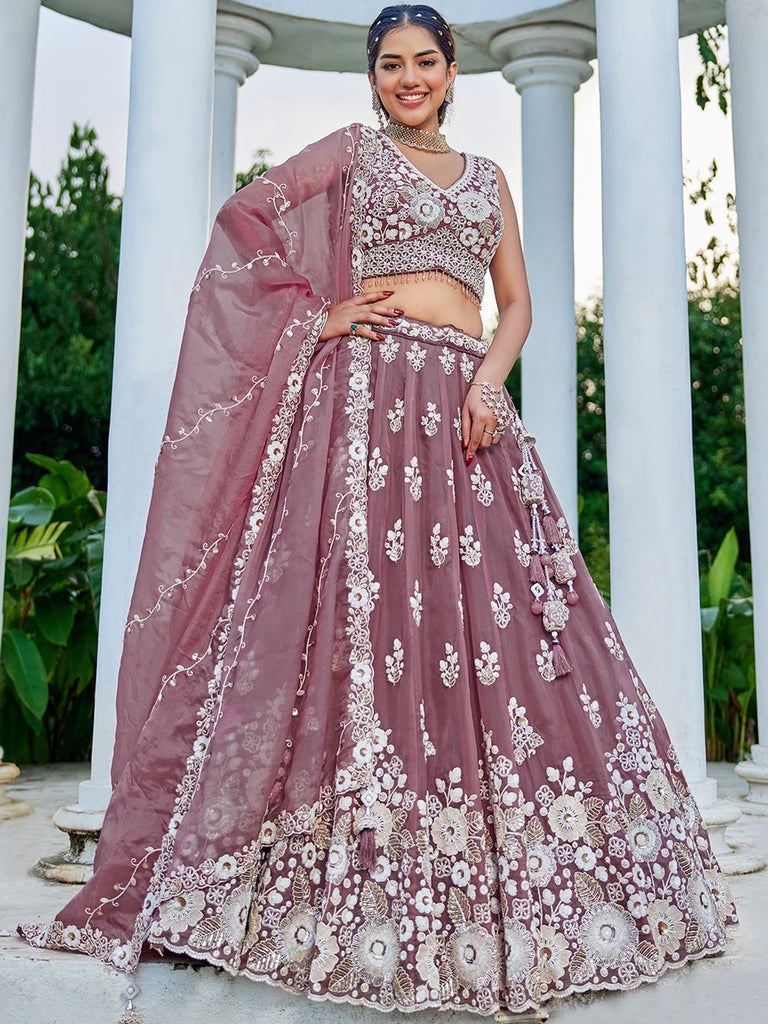 Lavender Designer Organza Sequin & Embroidery Work Lehenga Choli with Dupatta – 4Meter Grand Flair, Fully Stitched ClothsVilla