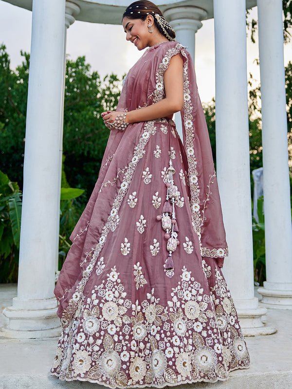 Lavender Designer Organza Sequin & Embroidery Work Lehenga Choli with Dupatta – 4Meter Grand Flair, Fully Stitched ClothsVilla
