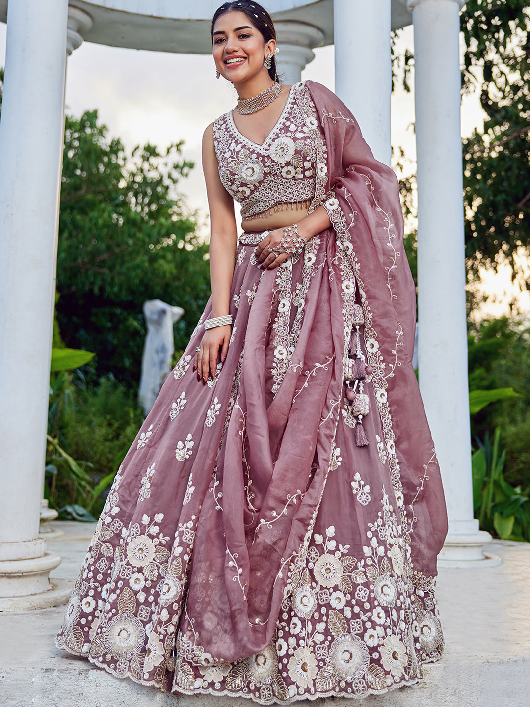 Lavender Designer Organza Sequin & Embroidery Work Lehenga Choli with Dupatta – 4Meter Grand Flair, Fully Stitched ClothsVilla