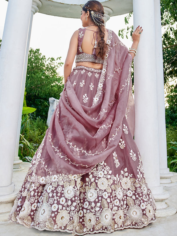 Lavender Designer Organza Sequin & Embroidery Work Lehenga Choli with Dupatta – 4Meter Grand Flair, Fully Stitched ClothsVilla