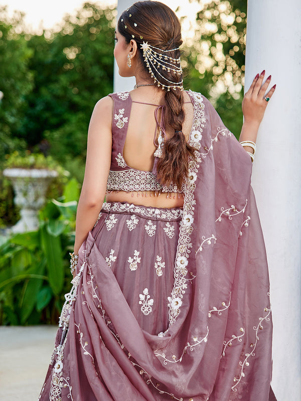 Lavender Designer Organza Sequin & Embroidery Work Lehenga Choli with Dupatta – 4Meter Grand Flair, Fully Stitched ClothsVilla