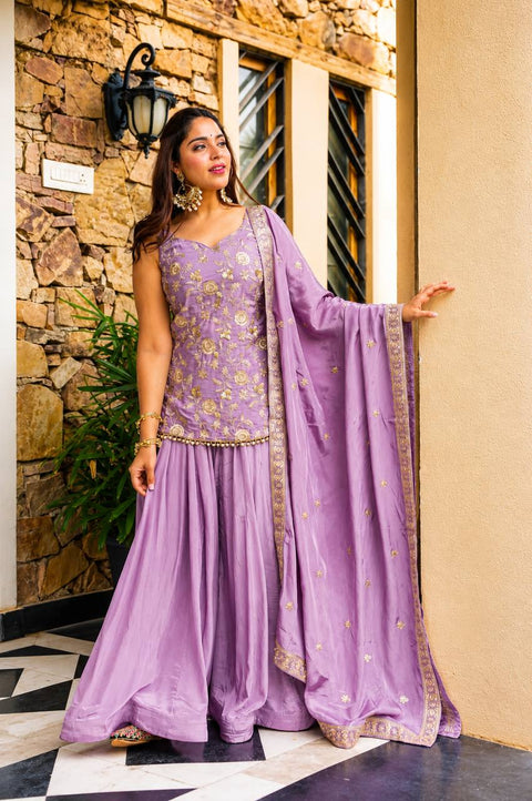 Lavender Diamond Silk Sharara Suit Set ClothsVilla Main image