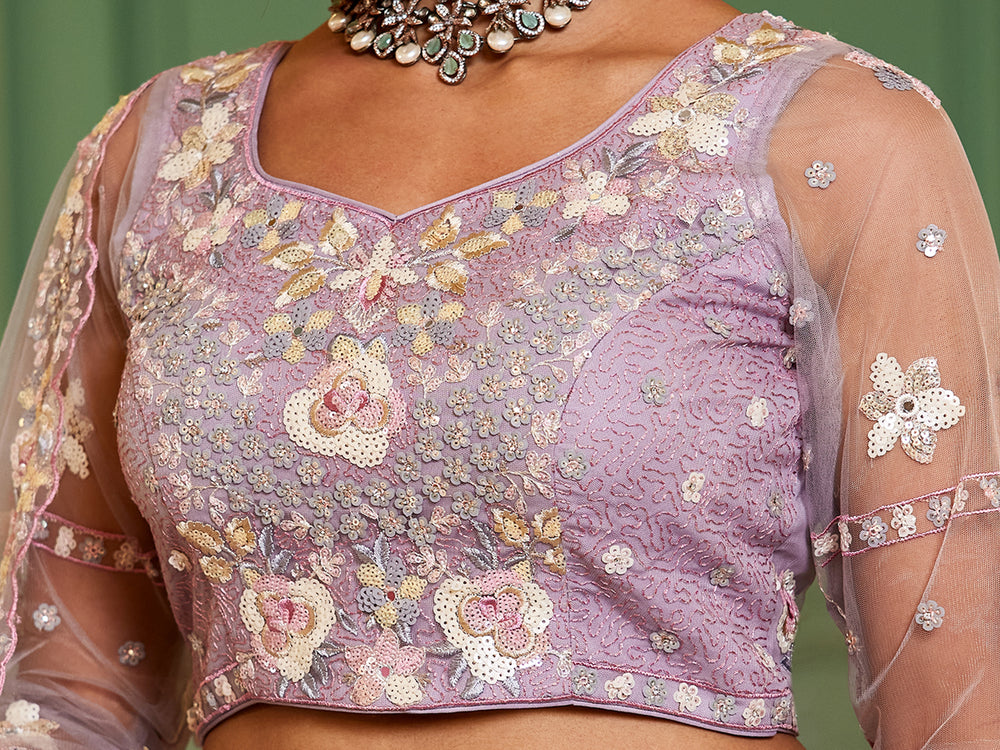 Lavender Double Sequin Embroidered Net Lehenga Choli Dupatta Set with Mirror & Thread Work ClothsVilla