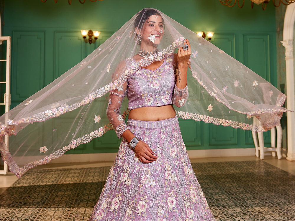 Mauve Double Sequin Embroidered Net Lehenga Choli Dupatta Set with Mirror & Thread Work ClothsVilla