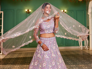 Mauve Double Sequin Embroidered Net Lehenga Choli Dupatta Set with Mirror & Thread Work ClothsVilla