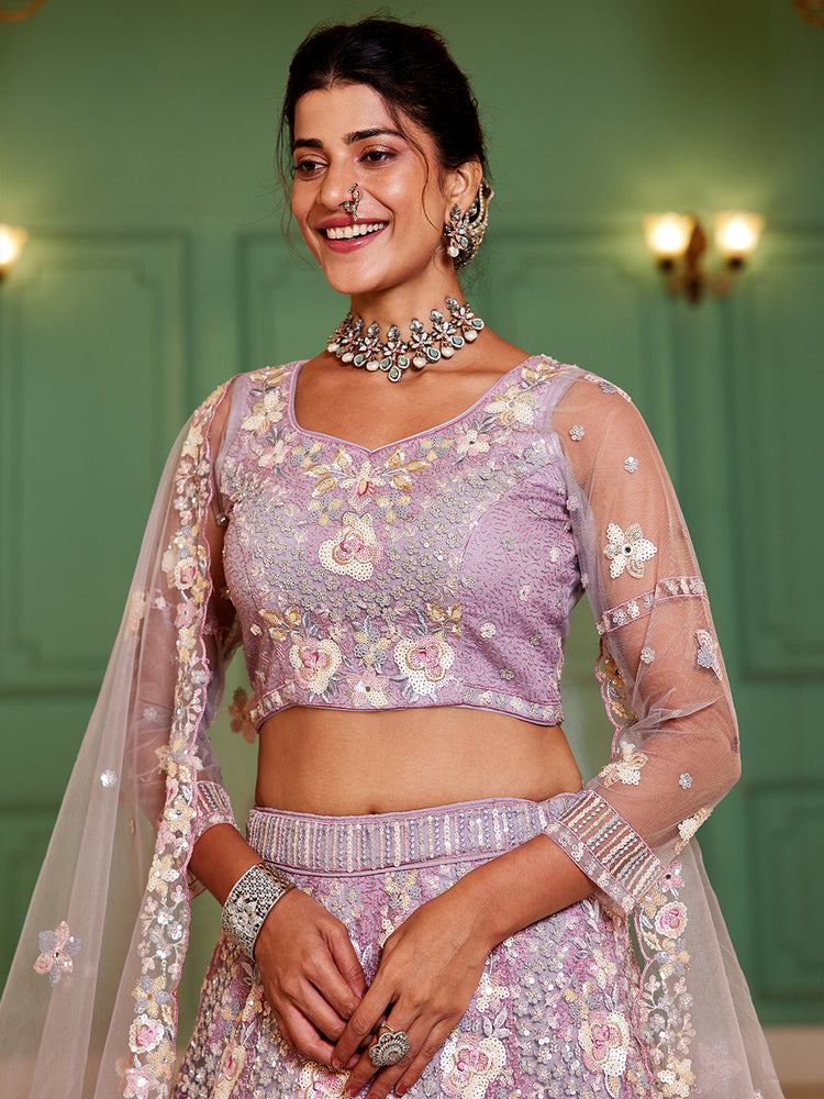 Lavender Double Sequin Embroidered Net Lehenga Choli Dupatta Set with Mirror & Thread Work ClothsVilla