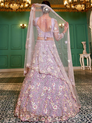 Mauve Double Sequin Embroidered Net Lehenga Choli Dupatta Set with Mirror & Thread Work ClothsVilla