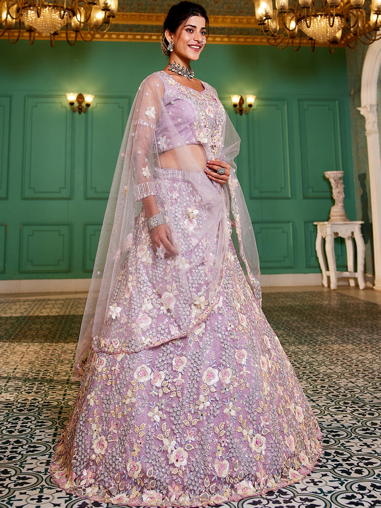 Lavender Double Sequin Embroidered Net Lehenga Choli Dupatta Set with Mirror & Thread Work ClothsVilla