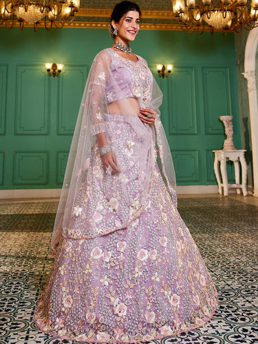 Lavender Double Sequin Embroidered Net Lehenga Choli Dupatta Set with Mirror & Thread Work ClothsVilla