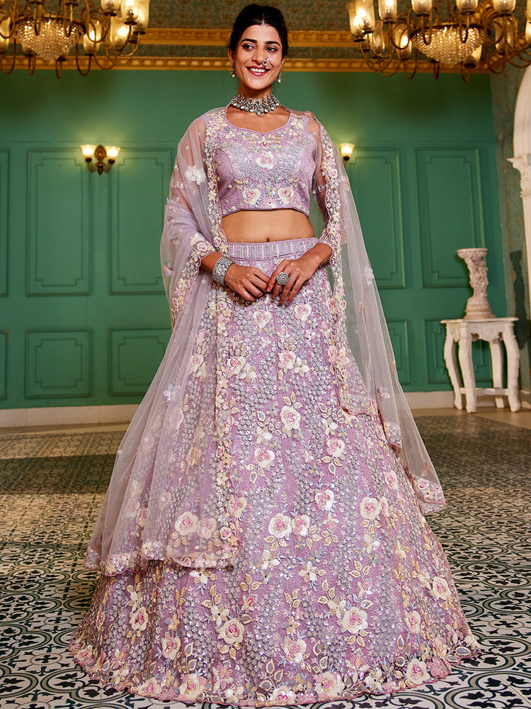 Lavender Double Sequin Embroidered Net Lehenga Choli Dupatta Set with Mirror & Thread Work ClothsVilla