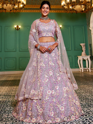 Lavender Double Sequin Embroidered Net Lehenga Choli Dupatta Set with Mirror & Thread Work ClothsVilla