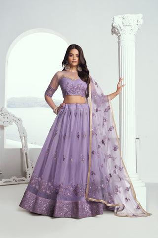 Lavender Elegant Butterfly Net Lehenga with Tone-to-Tone Embroidery