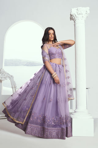 Lavender Elegant Butterfly Net Lehenga with Tone-to-Tone Embroidery