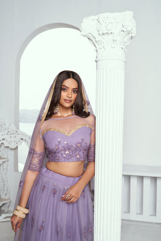 Lavender Elegant Butterfly Net Lehenga with Tone-to-Tone Embroidery