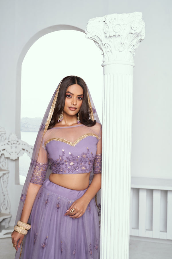 Lavender Elegant Butterfly Net Lehenga with Tone-to-Tone Embroidery