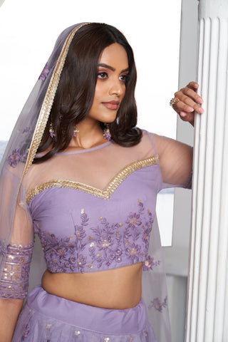 Lavender Elegant Butterfly Net Lehenga with Tone-to-Tone Embroidery