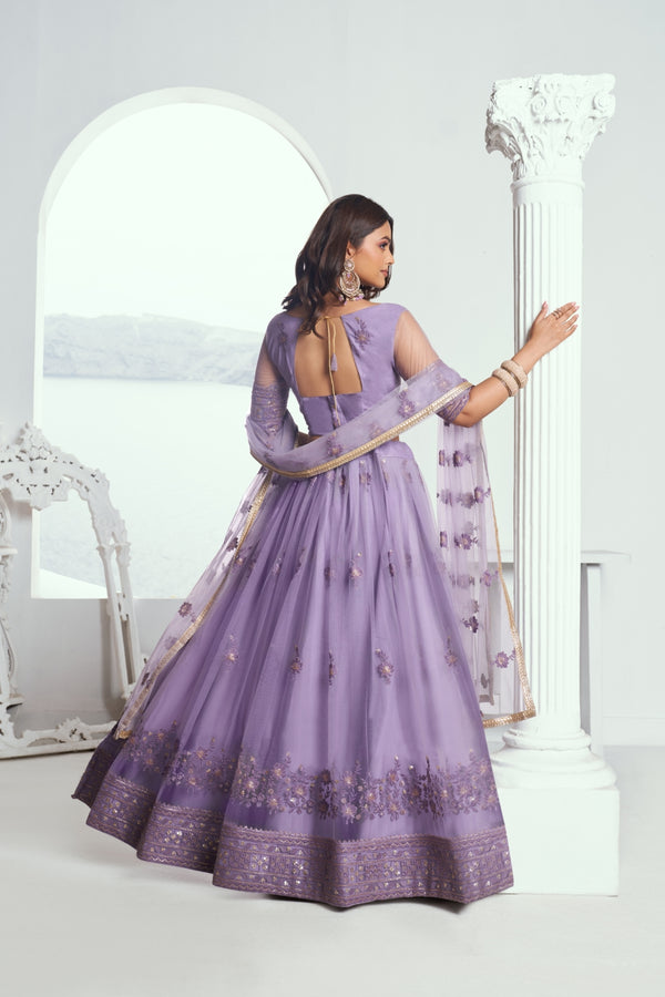 Lavender Elegant Butterfly Net Lehenga with Tone-to-Tone Embroidery