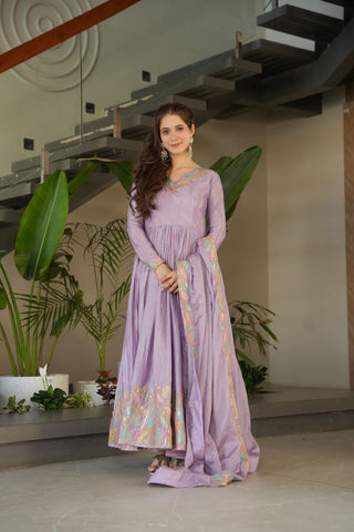 Lavender  Elegant Chinnon Embroidered Gown with Dupatta – Full Sleeve Premium Partywear Ensemble ClothsVilla