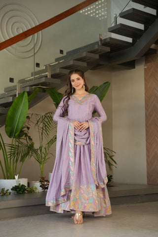 Lavender  Elegant Chinnon Embroidered Gown with Dupatta – Full Sleeve Premium Partywear Ensemble ClothsVilla