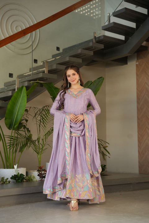Lavender  Elegant Chinnon Embroidered Gown with Dupatta – Full Sleeve Premium Partywear Ensemble ClothsVilla Main image