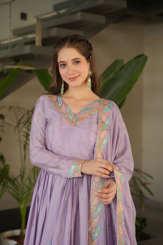Lavender  Elegant Chinnon Embroidered Gown with Dupatta – Full Sleeve Premium Partywear Ensemble ClothsVilla