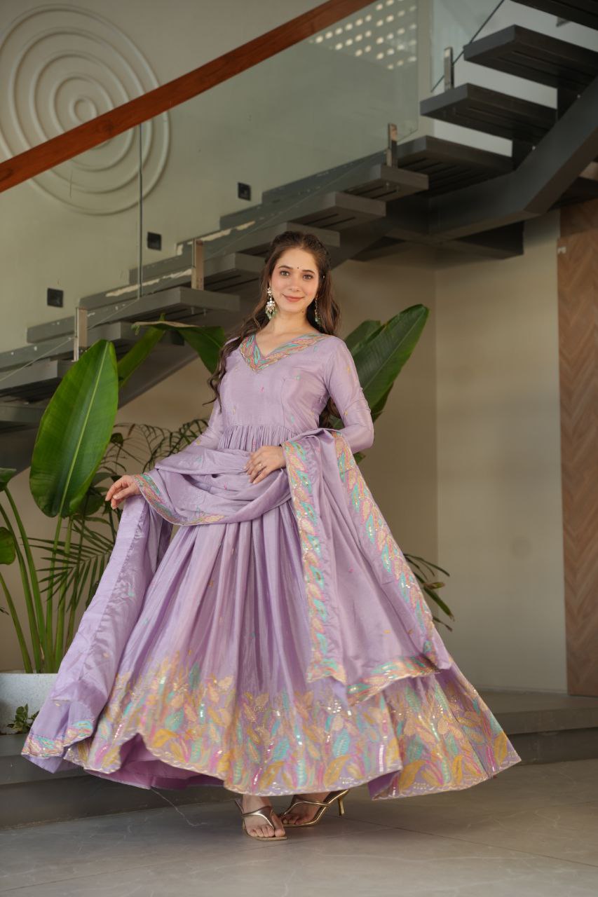Lavender  Elegant Chinnon Embroidered Gown with Dupatta – Full Sleeve Premium Partywear Ensemble ClothsVilla