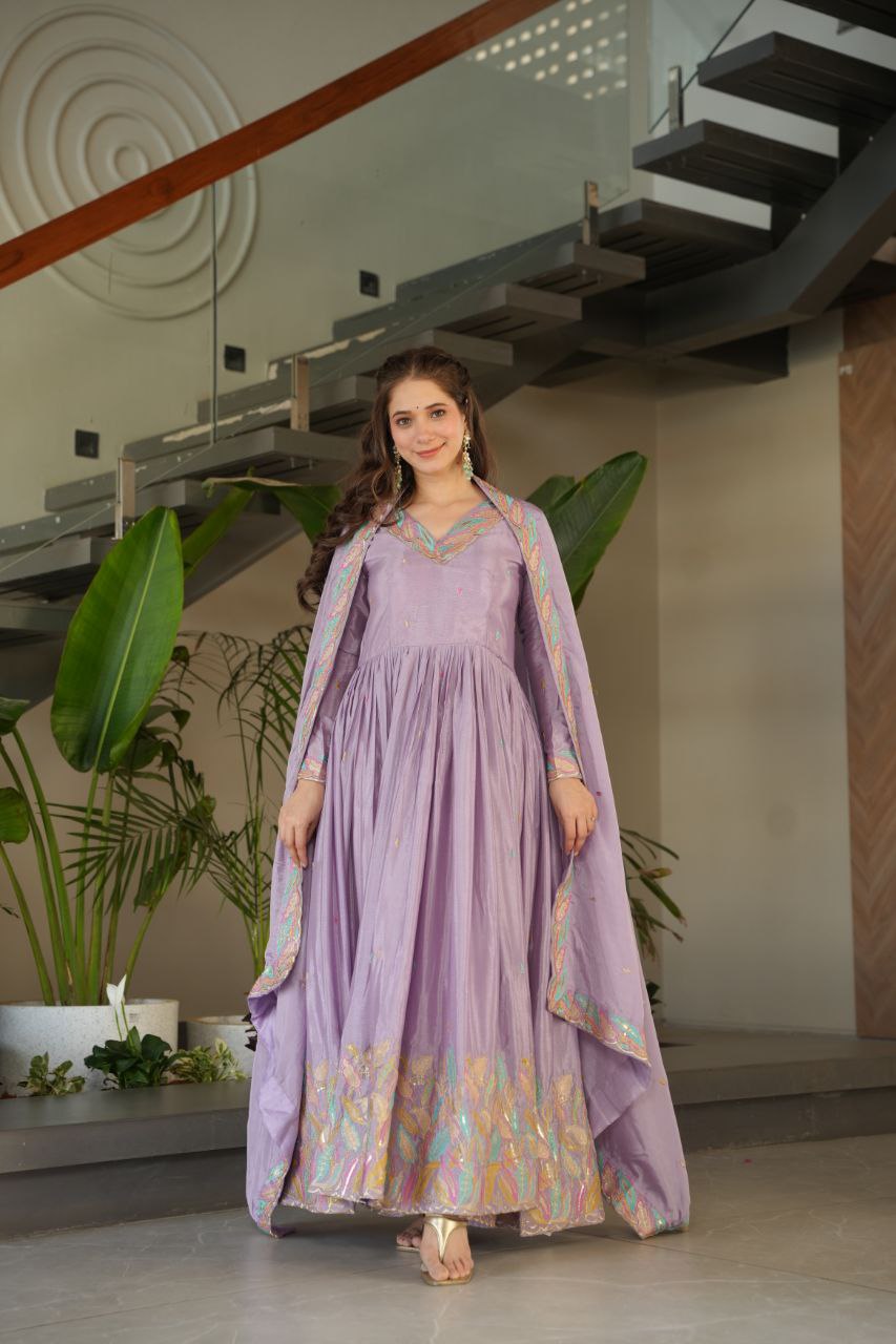 Lavender  Elegant Chinnon Embroidered Gown with Dupatta – Full Sleeve Premium Partywear Ensemble ClothsVilla