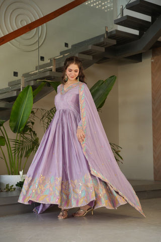 Lavender  Elegant Chinnon Embroidered Gown with Dupatta – Full Sleeve Premium Partywear Ensemble ClothsVilla