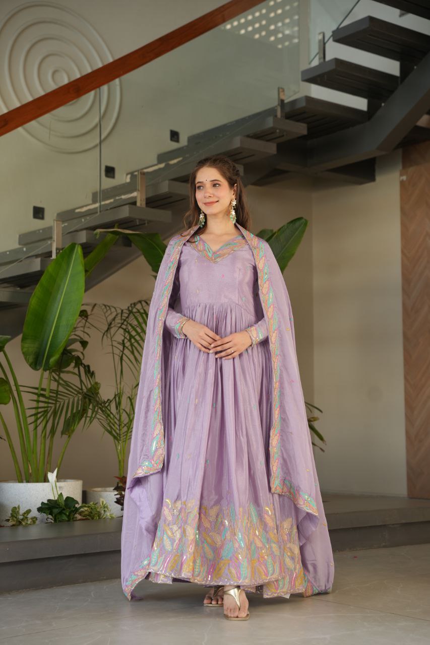 Lavender  Elegant Chinnon Embroidered Gown with Dupatta – Full Sleeve Premium Partywear Ensemble ClothsVilla