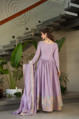 Lavender  Elegant Chinnon Embroidered Gown with Dupatta – Full Sleeve Premium Partywear Ensemble ClothsVilla