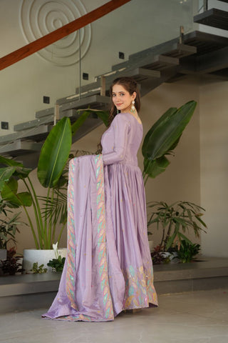 Lavender  Elegant Chinnon Embroidered Gown with Dupatta – Full Sleeve Premium Partywear Ensemble ClothsVilla