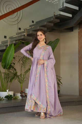 Lavender  Elegant Chinnon Embroidered Gown with Dupatta – Full Sleeve Premium Partywear Ensemble ClothsVilla