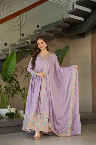 Lavender  Elegant Chinnon Embroidered Gown with Dupatta – Full Sleeve Premium Partywear Ensemble ClothsVilla