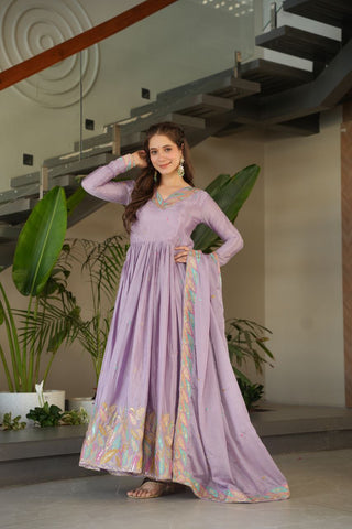 Lavender  Elegant Chinnon Embroidered Gown with Dupatta – Full Sleeve Premium Partywear Ensemble ClothsVilla