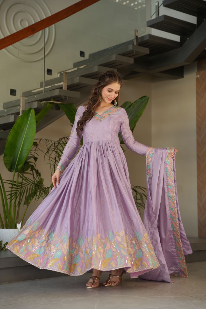 Lavender  Elegant Chinnon Embroidered Gown with Dupatta – Full Sleeve Premium Partywear Ensemble ClothsVilla