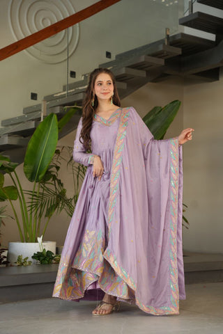 Lavender  Elegant Chinnon Embroidered Gown with Dupatta – Full Sleeve Premium Partywear Ensemble ClothsVilla