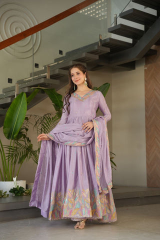 Lavender  Elegant Chinnon Embroidered Gown with Dupatta – Full Sleeve Premium Partywear Ensemble ClothsVilla