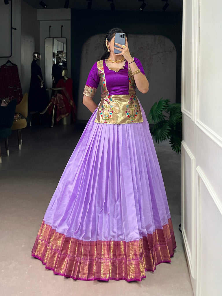 Lavender Elegant Cotton Silk Zari Weaving Lehenga Choli Set with Jacquard Silk Blouse & Lace Touch – Stitched Ensemble ClothsVilla