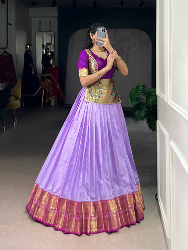 Lavender Elegant Cotton Silk Zari Weaving Lehenga Choli Set with Jacquard Silk Blouse & Lace Touch – Stitched Ensemble ClothsVilla