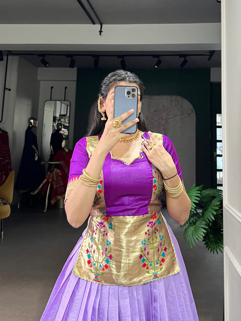 Lavender Elegant Cotton Silk Zari Weaving Lehenga Choli Set with Jacquard Silk Blouse & Lace Touch – Stitched Ensemble ClothsVilla