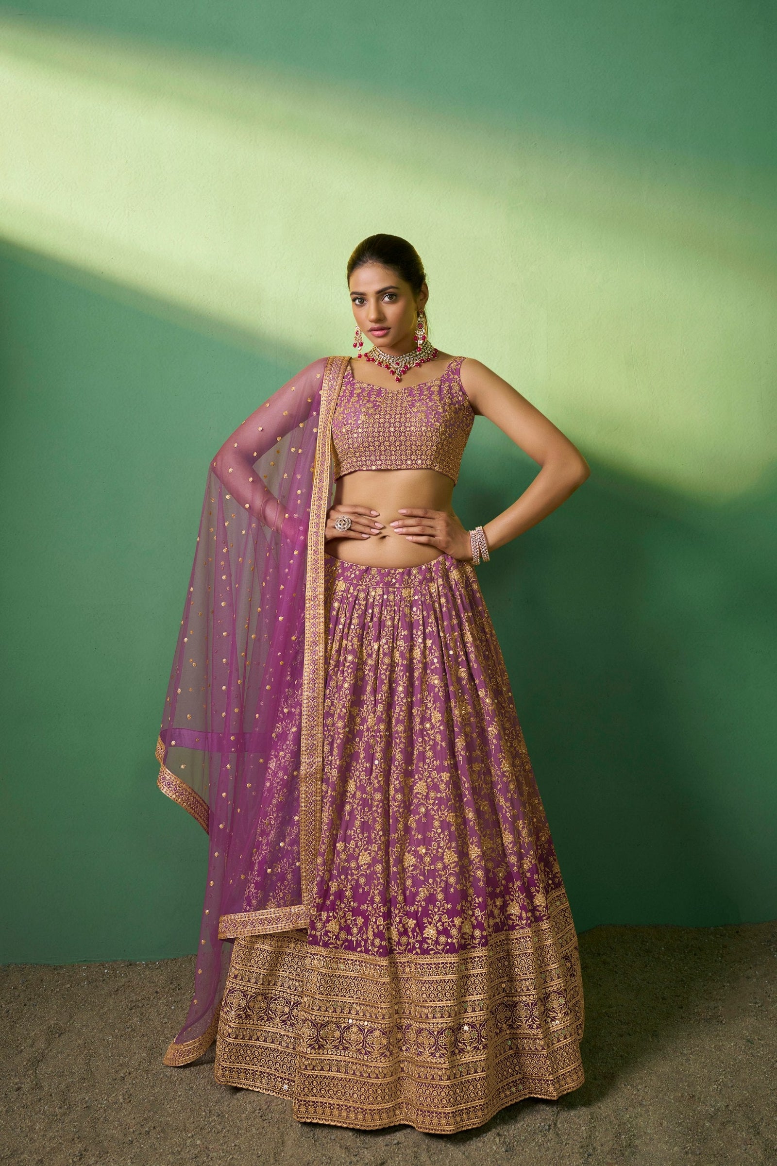Lavender Elegant Dual Shaded Georgette Lehenga Set with Heavy Sequins & Embroidery Work ClothsVilla