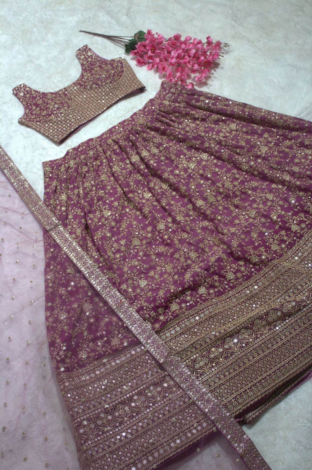 Lavender Elegant Dual Shaded Georgette Lehenga Set with Heavy Sequins & Embroidery Work ClothsVilla