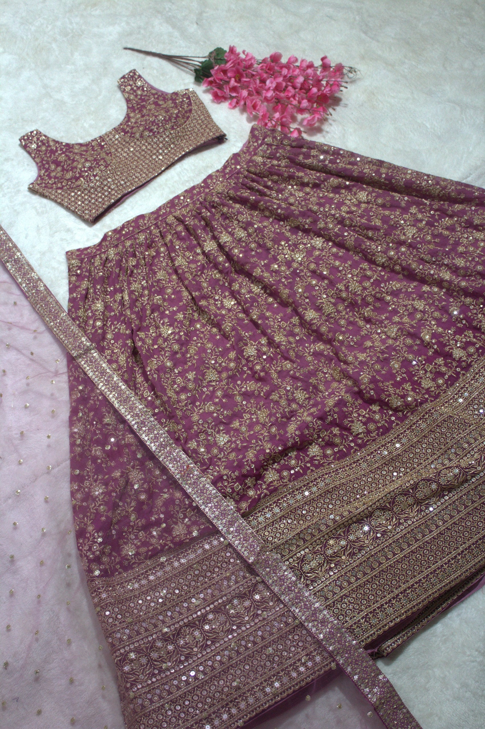 Lavender Elegant Dual Shaded Georgette Lehenga Set with Heavy Sequins & Embroidery Work ClothsVilla