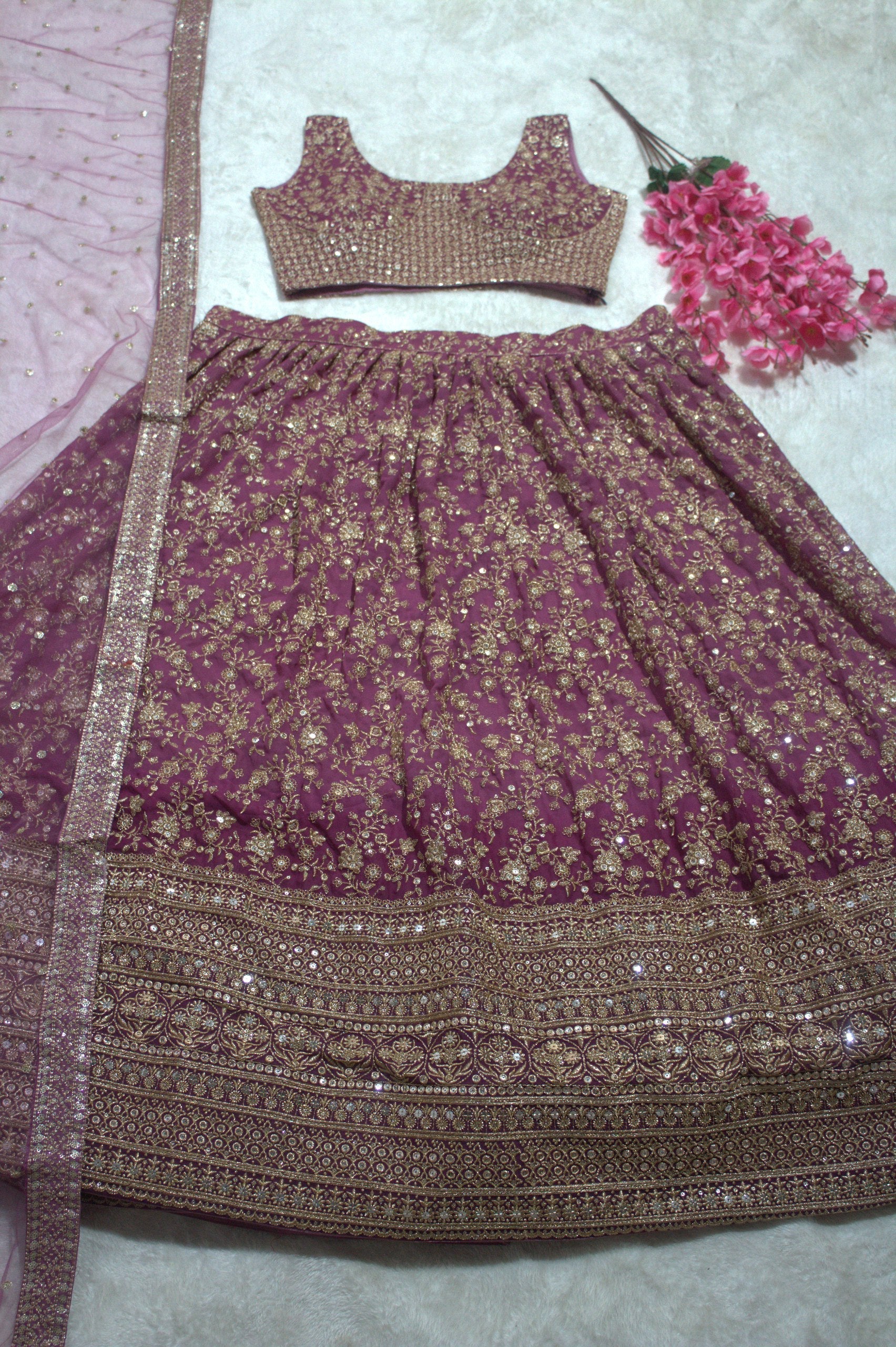Lavender Elegant Dual Shaded Georgette Lehenga Set with Heavy Sequins & Embroidery Work ClothsVilla